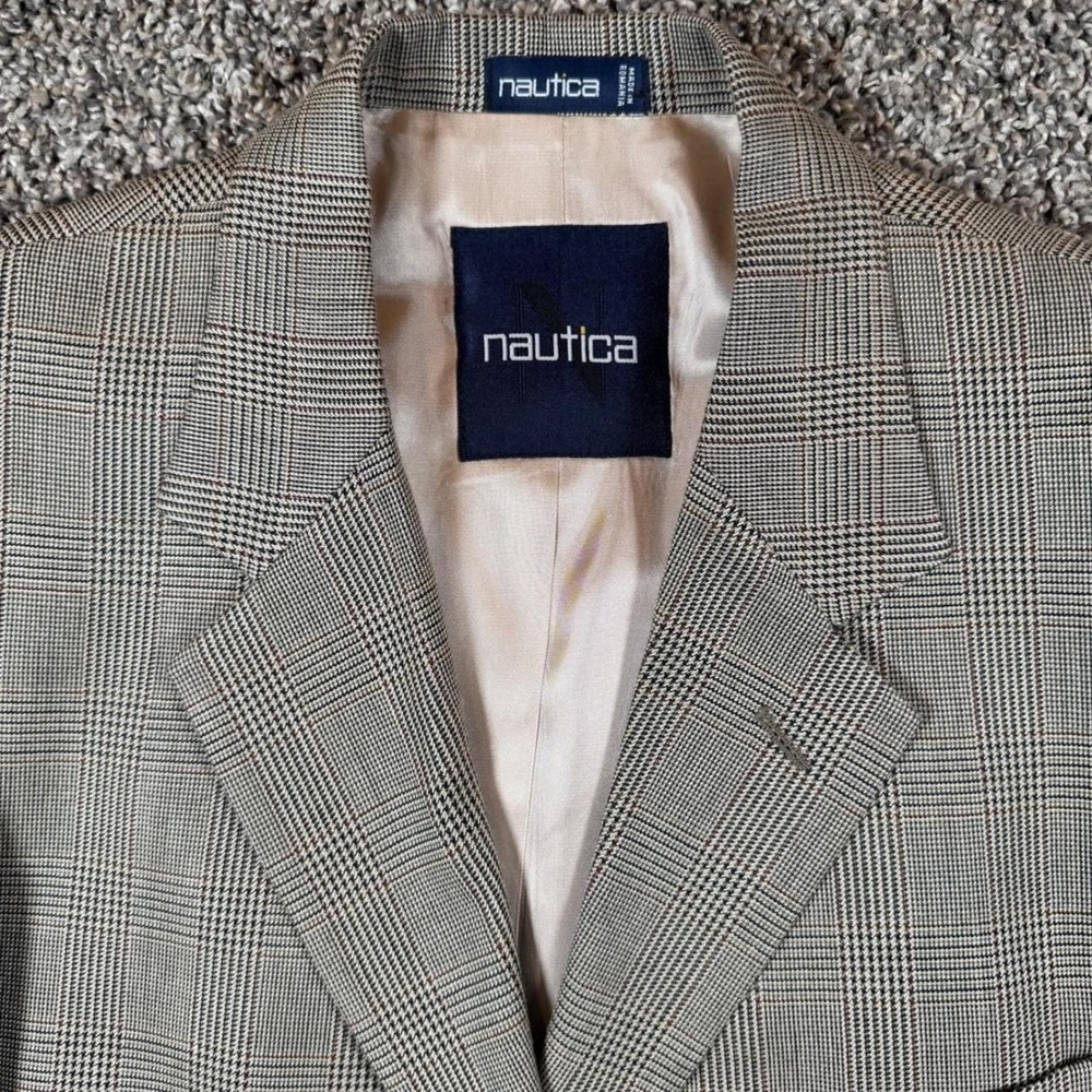 VTG Nautica Blazer Mens 44L Tan Silk Wool Glen Plaid 3-Button Sport Coat Preppy